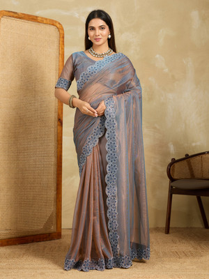 SARETRA MALL Solid/Plain, Floral Print Bollywood Organza, Tissue Saree(Grey)