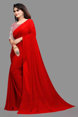 GRIFEZ Solid/Plain Bollywood Georgette Saree(Maroon)