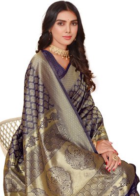 Leeza Store Woven Kanjivaram Cotton Silk Saree(Blue)