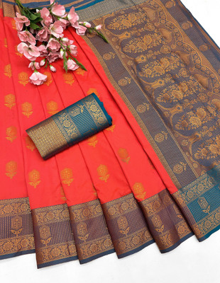 HK Trading Woven, Self Design, Temple Border Banarasi Cotton Silk Saree(Pink)