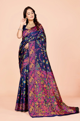 RIVETSTYLE Floral Print, Woven, Self Design Bollywood Semi-Pashmina Saree(Blue)