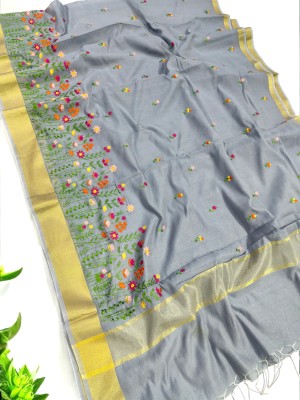 EEFA FASHION Embroidered Banarasi Cotton Blend Saree(Grey)