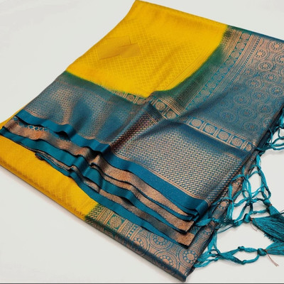 Banaras silk palace Woven Kanjivaram Viscose Rayon Saree(Yellow)