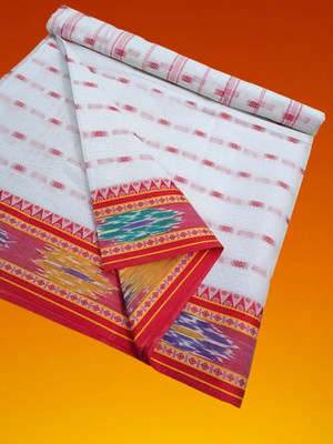 Happy Creation Woven Tant Cotton Blend Saree(White)