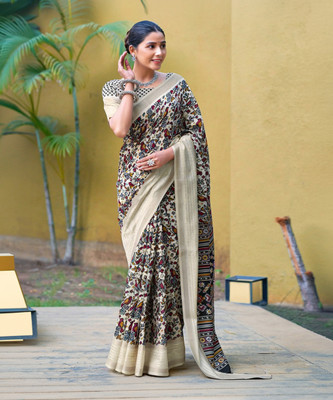 SIRIL Printed, Woven Narayanpet Cotton Blend, Cotton Silk Saree(Beige, Black)