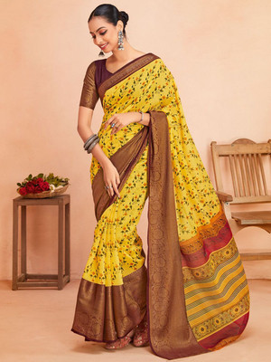 Anouk Rustic Printed Chinnalapattu Cotton Blend Saree(Yellow)