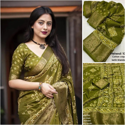 SSHAGUN LIFESTYLE Printed Hand Batik Cotton Silk Saree(Green)