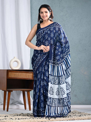 Shiv Shakti Emorium Printed Daily Wear Pure Cotton Saree(Blue)