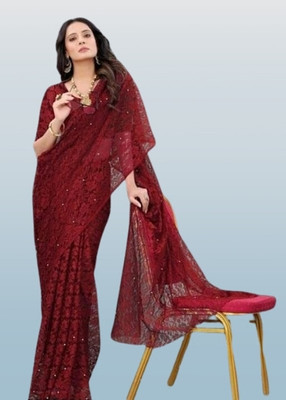 NORAFLEX Embroidered Bollywood Net Saree(Maroon)