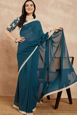 Peachmode Solid/Plain Bollywood Georgette Saree(Dark Blue)
