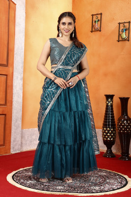 CHHELAJI Embroidered Pre Draped Saree Net Saree(Blue)