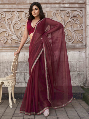 Tikhi Imli Solid/Plain Bollywood Chiffon Saree(Pink)