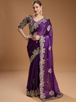 Nayanthara Trends Embroidered Bollywood Silk Blend Saree(Purple)