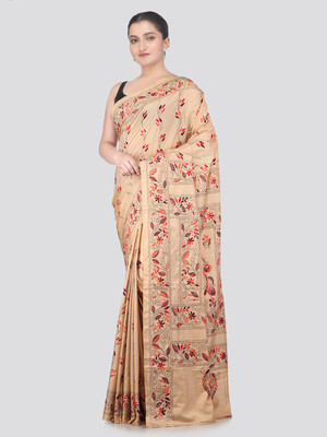 PinkLoom Embroidered Kantha Silk Blend Saree(Beige)