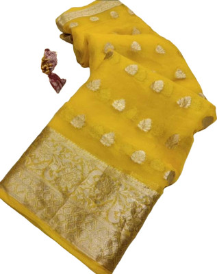GoVika Self Design Bollywood Tissue Saree(Yellow)