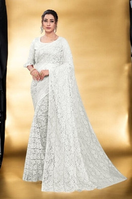 Nexxafashions Self Design Bollywood Net Saree(White)