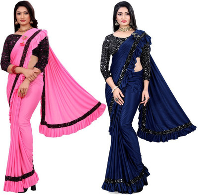 HouseOfCommon Self Design Bollywood Lycra Blend Saree(Pack of 2, Multicolor)