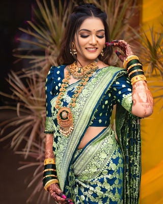 SOMVATI Solid/Plain, Printed Kanjivaram Art Silk, Jacquard Saree(Blue)