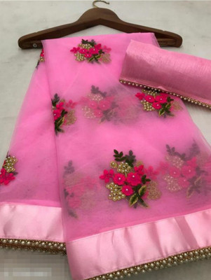 vallavi fashion Embroidered Bollywood Net Saree(Pink)