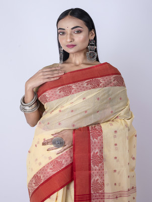 MorChari Embroidered Tant Cotton Linen Saree(Cream)