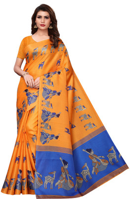 YASHIKA Printed Madhubani Cotton Blend, Art Silk Saree(Orange)