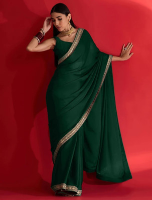 Labheshwari Solid/Plain, Embroidered Bollywood Georgette Saree(Green)