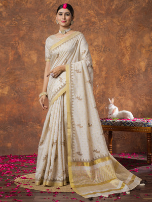 Tasrika Woven Kasavu Linen Saree(Cream)