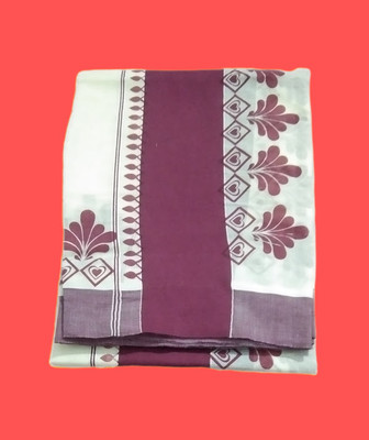 KERALA STYLE COTTON SAREE Printed Daily Wear Pure Cotton Saree(White, Purple)
