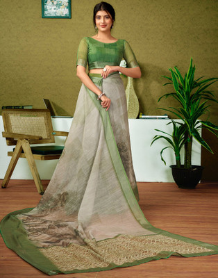 Samah Printed Bollywood Linen Saree(Green)