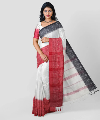 SMRITI HANDLOOM Self Design Handloom Handloom Cotton Blend Saree(White)