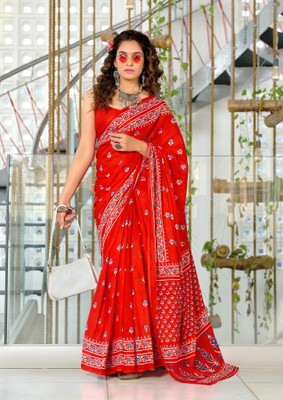 Divastri Blocked Printed, Printed Chanderi Cotton Blend Saree(Red)