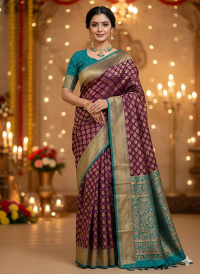 LOKAVANYA Printed Banarasi Cotton Silk Saree(Purple)