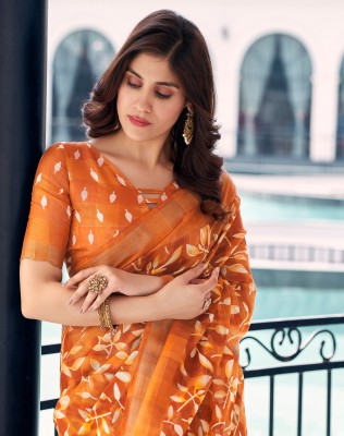 SIRIL Woven, Striped, Floral Print Daily Wear Cotton Blend Saree(Orange, Cream)