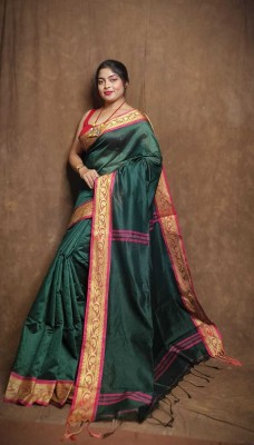 Ganesh fashion textile Woven Jamdani Cotton Silk Saree(Dark Green)