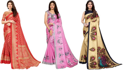 YASHIKA Printed, Woven Kanjivaram Art Silk Saree(Pack of 3, Red, Pink, Gold)