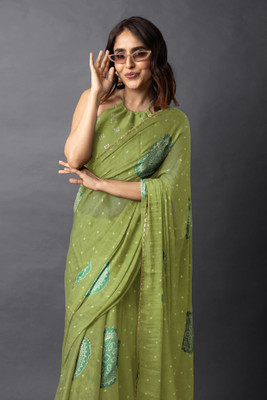 MIRCHI FASHION Printed, Blocked Printed Bandhani Chiffon, Georgette Saree(Green)