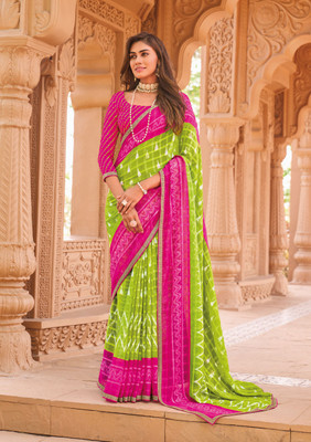 Laxmipati Sarees Checkered Saree with Attached Blouse Chiffon Saree(Green)