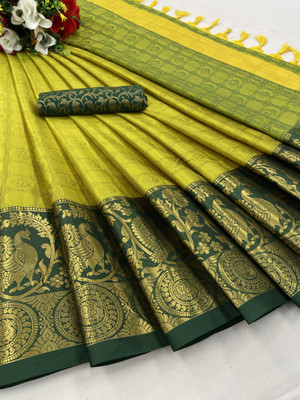 KanjiQueen Printed Kanjivaram Cotton Silk, Silk Blend Saree(Light Green, Dark Green)