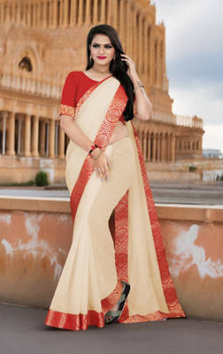 Volmina Solid/Plain Chanderi Cotton Blend Saree(Cream)