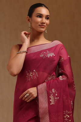 soch Printed Saree with Attached Blouse Chanderi Saree(Red)