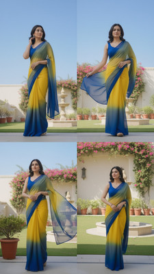 KEE Color Block Bollywood Georgette Saree(Yellow)
