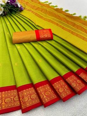 KanjiQueen Woven Kanjivaram Pure Silk, Cotton Blend Saree(Light Green, Red)