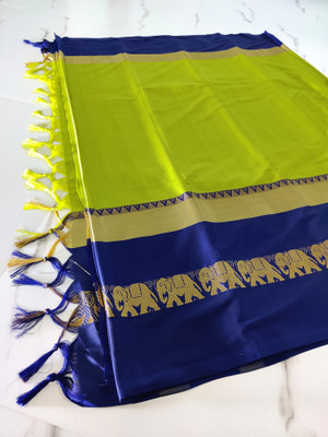 Mortal Textile Striped, Woven, Color Block Handloom Cotton Silk Saree(Dark Blue)