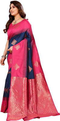 Soor Panchi Woven Kanjivaram Pure Silk Saree(Dark Blue, Pink)