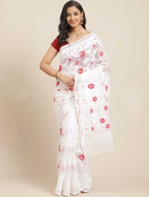 UR Affection Woven Jamdani Cotton Silk Saree(White, Red)