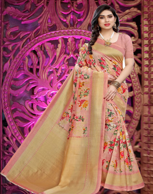 HouseOfCommon Floral Print Bollywood Cotton Blend, Art Silk Saree(Multicolor)