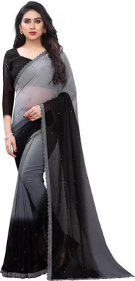 WOM BAB Solid/Plain, Embellished, Self Design Bollywood Georgette Saree(Grey)