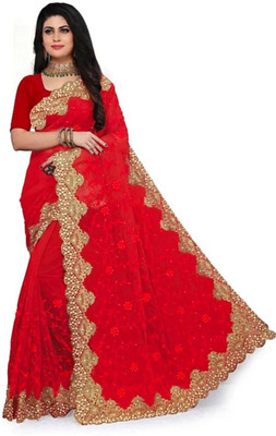 SkyFlock Embroidered, Embellished Bollywood Net Saree(Red)