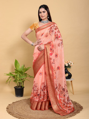 MANASTEXTILS Floral Print, Woven Bollywood Cotton Linen Saree(Orange, Multicolor)