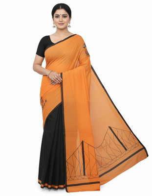 ShivMaya Applique Handloom Pure Cotton Saree(Black, Orange)